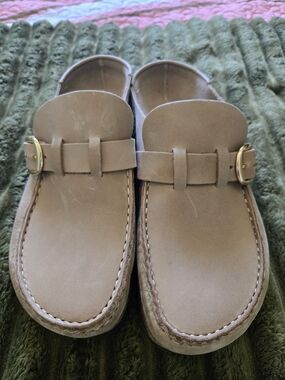 Birkenstock Beige Suede Mule Clogs with Gold Buckles